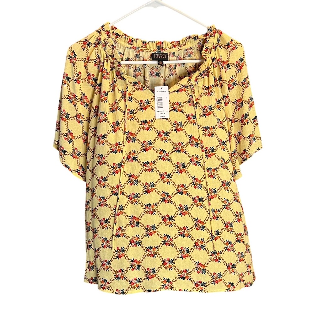 New MOD‎ LUSIVE Womens Flutter Sleeve Floral Print Yellow Blouse Top Size M
